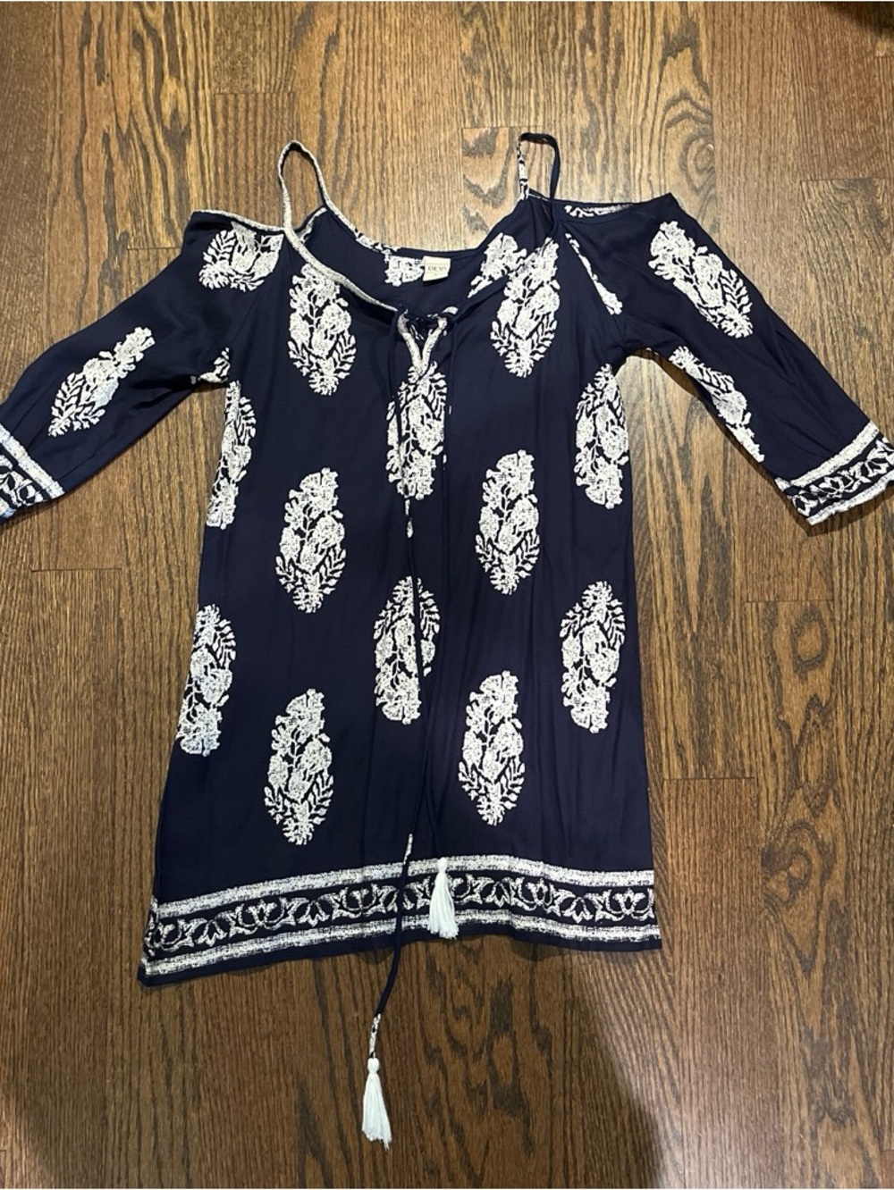 Devi Navy Cold-Shoulder Tunic Dress with White  Print